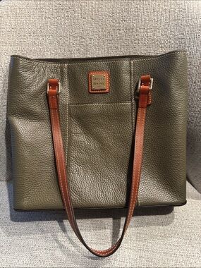 Dooney & Bourke Olive Green Pebbled Leather Tote with Brown Straps